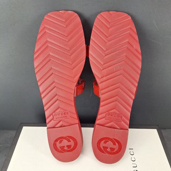 Gucci Rubber Buckle Chain Slide Sandals Womens Size 40 Hibiscus Red - Picture 8 of 14